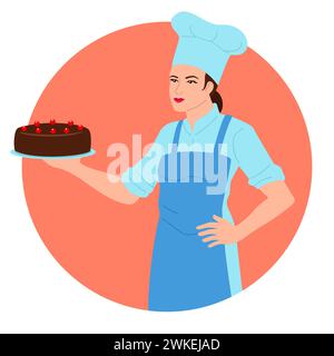 Clip art of a female chef proudly holding a chocolate cake. This image is perfect for bakery advertisements, dessert recipes, and cooking blogs Stock Vector