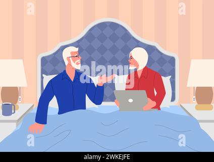 Elderly couple relaxing in bed having a conversation, intimacy, connection, and lifelong companionship concept Stock Vector