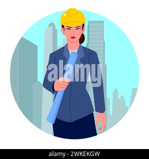 Female architect confidently holding a blueprint against a backdrop of architectural structures, this image is perfect for construction firms, archite Stock Vector