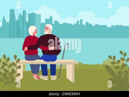 Elderly couple embracing on a city park bench, gazing at the serene city shore. Moment of love and togetherness, the beauty of long lasting relationsh Stock Vector