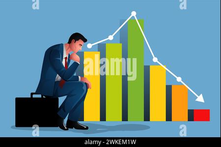 Pensive businessman seated upon a briefcase, deeply contemplating a decreasing graph. Depiction of analytical thinking, problem-solving, reflection, s Stock Vector