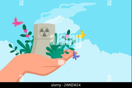 Hand holding nuclear power plant. This image represents the dual nature of nuclear power, evoking thoughtful conversations on its benefits and challen Stock Vector