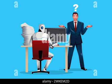 Businessman in a state of confusion as artificial intelligence takes over his job roles. The challenges and adjustments in the modern workforce. Stock Vector