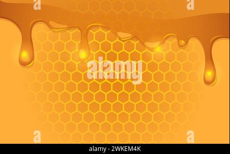 Vector illustration showcasing melting honey drizzling over a honeycomb, perfect for honey product labels, culinary blogs, and food-themed content Stock Vector