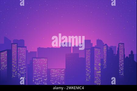 Cityscape and urban landscape vector illustration awash in soothing shades of purple and pink, contemporary take on city living, perfect for a wide ra Stock Vector