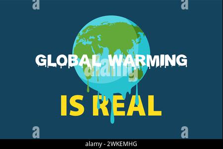 This illustration shows a melting Earth with the impactful message Global Warming Is Real. Stock Vector