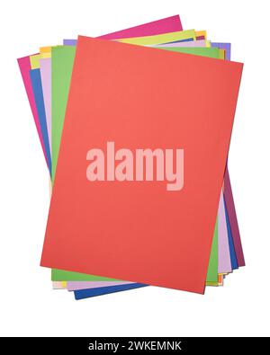 stack of colorful papers, different or multiple colored A4 papers, arts, crafts or office organization concept, taken straight from above with isolate Stock Photo