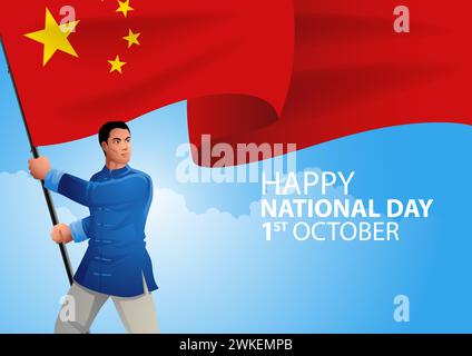 Chinese man in traditional Chinese clothing holding the flag of China with pride. Symbolises of cultural heritage, patriotism, celebrating Chinese tra Stock Vector