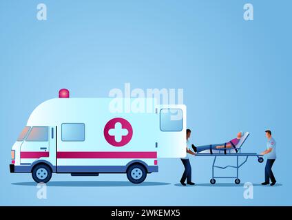 Vector illustration of paramedic team moving injured man on a stretcher into ambulance vehicle Stock Vector