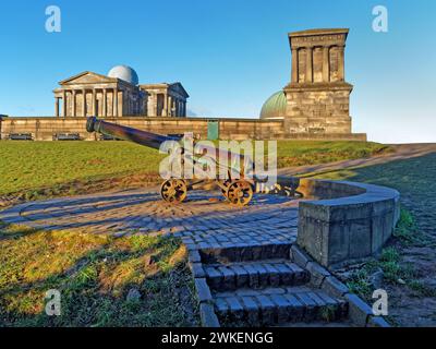 UK, Scotland, Edinburgh, Calton Hill, Portugese Cannon and City Observatory. Stock Photo