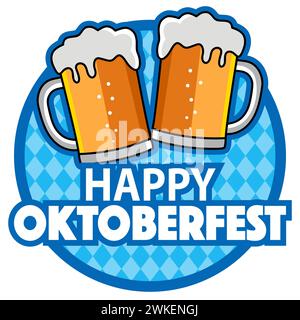 Icon of beer glasses and Bavarian pattern for Oktoberfest celebration, vector illustration Stock Vector