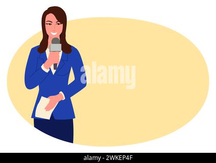 Clipart features a professional woman reporter holding a microphone, with copy space for your text Stock Vector