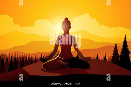 Silhouette of a woman doing yoga on mountain peak, vector illustration ...
