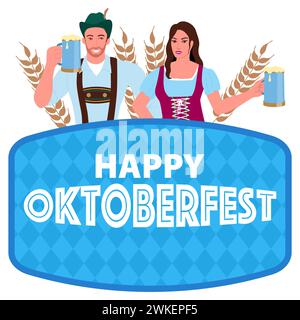 Get into the Oktoberfest spirit with this illustration. Man and woman in traditional Bavarian costume, holding a beer glass. Perfect for your projects Stock Vector