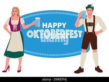 Get into the Oktoberfest spirit with this illustration. Man and woman in traditional Bavarian costume, holding a beer glass. Perfect for your projects Stock Vector