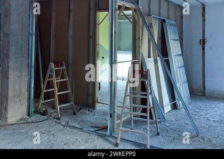 Masonry works in housing, Placement of plasterboard walls, Donostia, San Sebastian, Basque Country, Spain Stock Photo