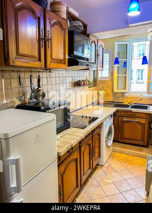 Paris, France, Wide Angle View, inside, Rustic Kitchen, Old Parisian Apartment Renovations, Wooden Furniture Stock Photo
