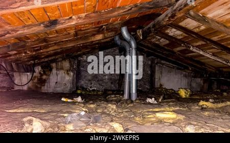 Paris, France, Inside, Old Apartment inside, Building, Attic, Combres, Wood Beams, Roof Structure, Pipes Stock Photo