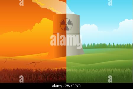 Environmental duality of nuclear power plant. On the left, barren land represents habitat disruption from radioactive leaks. On the right, lush green Stock Vector