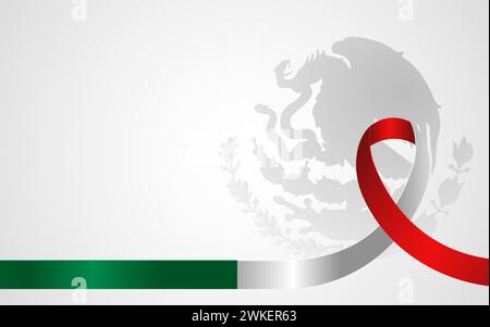 Mexican flag ribbon on white background with silhouette of Mexican crest watermark, suitable for political or national events such as Independence Day Stock Vector