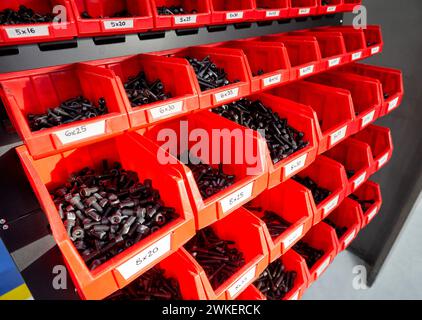 Screw boxes, material warehouse, mechanical metal industry, Gipuzkoa, Basque Country, Spain Stock Photo