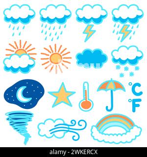 Doodle illustration set featuring a variety of weather icons. From sunny days to stormy nights, this collection has you covered with a playful twist o Stock Vector