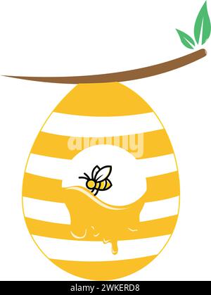 Beehive With Bees Flying Around Cartoon Illustration, Concept for organic honey products, package design, Stock Vector