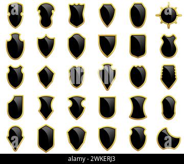 Collection protection emblem. Set of black heraldic shield icon shape. Vector illustration. Stock Vector
