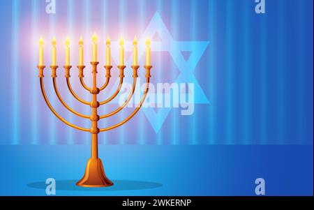 Vector illustration of menorah a traditional candelabra on blue curtain background, perfect for Jewish religious occasions, like Hanukkah, Yom Kippur, Stock Vector