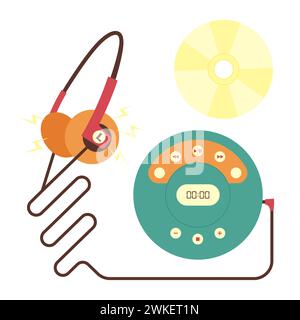 Portable CD player, headphones, disc. Colored vector illustration in 90s style. White background. Stock Vector