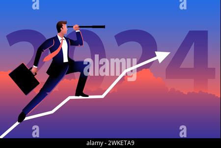 Businessman using telescope on a graph chart, with the bold text 2024 as the backdrop. An  image reflecting the optimism and opportunities of the comi Stock Vector