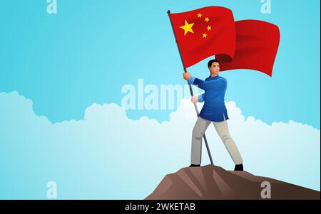 Chinese businessman proudly stands at the summit of a mountain, holding the flag of China high, symbolizing the nation's aspirations for progress and Stock Vector