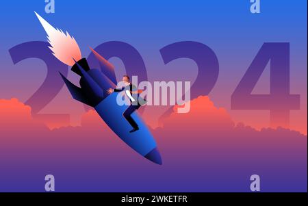 Businessman aboard a falling rocket, with the bold text 2024 as the backdrop. An evocative image reflecting the challenges and opportunities of the co Stock Vector