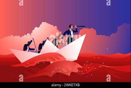 Businessmen struggle to wade through the red sea with paper boats. A powerful metaphor for overcoming obstacles, navigating difficulties, and persever Stock Vector
