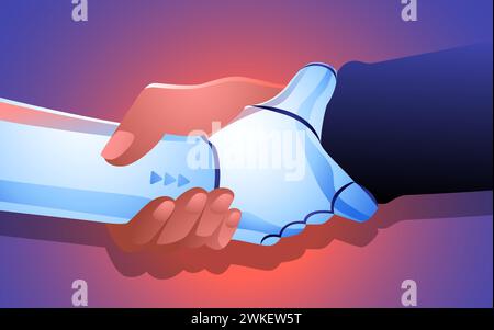Strong connection between a human and robot, their hands grasping each other with determination. Dynamic relationship between human ingenuity and AI i Stock Vector