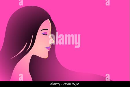 Vector illustration of a beautiful woman face with long hair on pink background Stock Vector