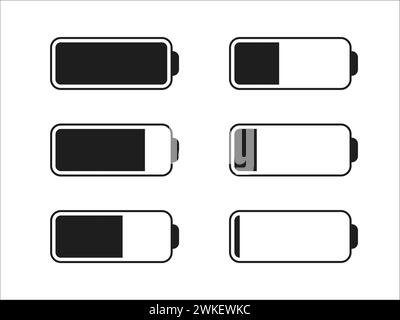 Level battery energy icon set. Powerfully full and power low up status batteries. Energy reusing concept. Alkaline tags. Battery charging point, charg Stock Vector