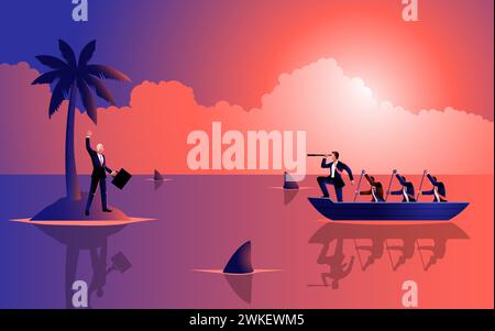 Stranded businessman on an island surrounded by shark-filled waters. Colleagues on a boat rush to rescue him, theme for overcoming challenges and find Stock Vector