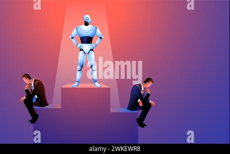 Illustration portraying the looming AI threat, embodied by a robot overtaking human job roles. Stock Vector