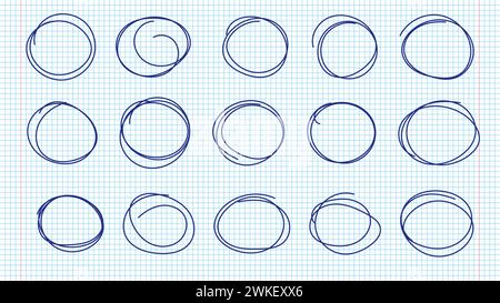 Hand drawn pen circles line sketch set on notebook pages. Drawing blue pen circular scribble doodle round circles. Vector illustration. Stock Vector