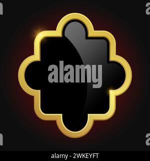 Black shield with glossy bright golden frame isolated on red background. VIP luxury logo design element. Vector clipart illustration. Logotype medieva Stock Vector