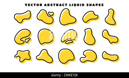 Outline blob shapes, fluid or liquid round abstract elements. Black and yellow simple blotch water forms. Flat vector illustration. Stock Vector