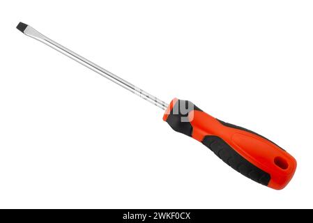 Screwdriver flat tip with red and black handle isolated on white with clipping path included Stock Photo