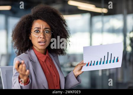 Impressed brunette lady in spectacles holding fail statistics documents with shocked facial expression. Frustrated accountant analyzing printed moving down financial graph and looking at camera. Stock Photo