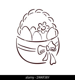 Happy Easter basket with eggs and flowers in line art style. Vector illustration isolated on a white background. Stock Vector