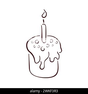 Festive Happy Easter pie with candle in line art style. Sweet pastries with glaze hand drawn. Vector illustration isolated on a white background. Stock Vector