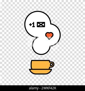 Coffee or tea hot cup icon with steam and new message notification symbol. Vector clipart on a transparent background. Stock Vector