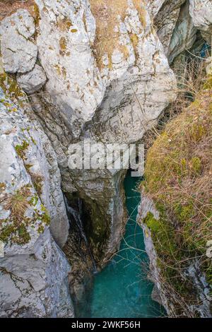 The Velika Korita Gorge, or Great Soca Gorge, on the Soca River near Lepena in the Bovec municipality of the Primorska or Littoral region, NW Slovenia Stock Photo