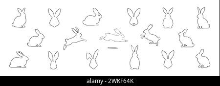 Set of rabbits in outline. Easter bunnies. Isolated on a white backdrop. Simple black icons of hares. Cute animals. Suitable for logo, emblem, pictogr Stock Vector