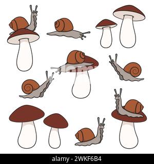 Set of color illustration with snail and mushroom. Isolated vector objects on white background. Stock Vector